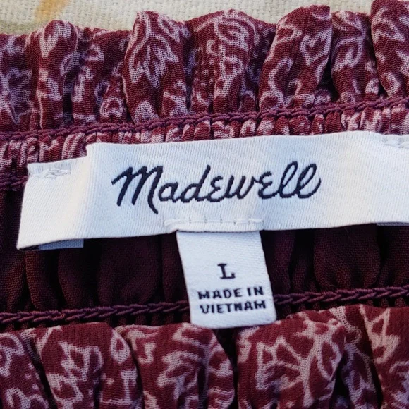 Madewell Smocked Women's Peasant Chiffon Top in Burgundy size Large - Picture 13 of 14
